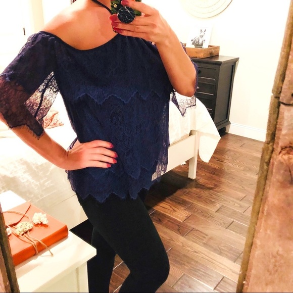 White House Black Market Navy blue sexy lace top - Picture 4 of 6